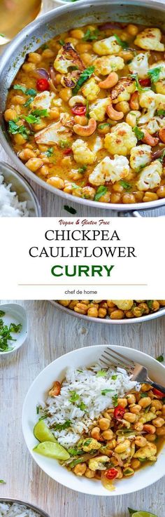 chicken cauliflower curry with white rice and garnishes