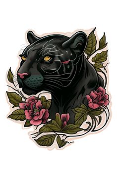 a black panther with pink flowers on it's chest and the eyes are yellow