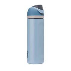 thermos stainless steel water bottle is light blue and has a gray lid with a silver trim