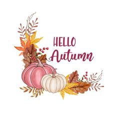 the words hello autumn are surrounded by fall leaves and pumpkins