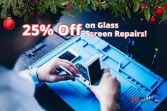 a man is using his cell phone while sitting in front of a laptop with the text 25 % off on glass screen repairs