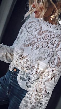 Pretty white lace top with high waisted denim jeans. Jewelry Websites, Stand Collar Shirt, Lace Blouse Long Sleeve, Lace Top Long Sleeve, White Lace Top, Women's Blouses, Lace Long Sleeve, Looks Chic, Fashion Mode