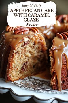 an apple pecan cake with caramel glaze is cut in half on a plate