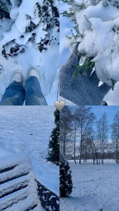 a person standing in the snow with their feet up on a tree branch and wearing blue jeans