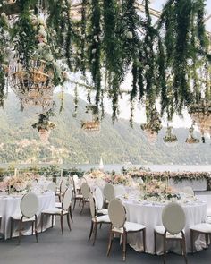 tables and chairs are set up for an outdoor event with greenery hanging from the ceiling