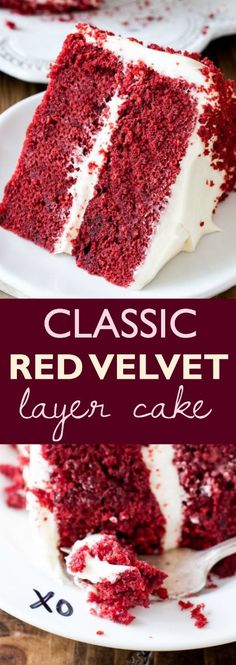 a slice of red velvet layer cake on a white plate