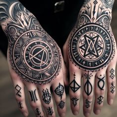 two hands that have tattoos on them and one has an image of a pentagramil