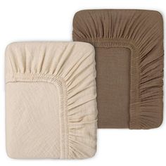 two blankets with ruffles on them, one in beige and the other in brown