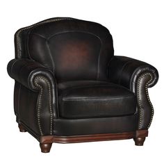 a black leather chair with studded trimmings on the armrests and arms