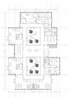 an architectural drawing shows the floor plan for a building with multiple floors and several windows