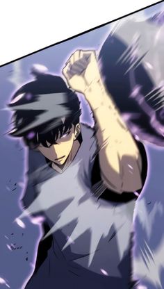 an anime character holding his fist up in the air with one hand and another arm behind him