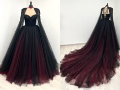 If your wedding is in 1-6 months, please choose express shipping! Made to order! Black and dark red tulle corset wedding dress. Corset has bra pads, boning and lacing. Skirt is made of many layers of soft black tulle and has 1 meter long train. Bodice decorated with black crystals. Cape has the same matching crystals with beading. Style/model name - KATERINA More info available on official website - sherbonclothing.com After you place the order, I will contact you and send the list of measurements I need.  Along with instructions on how to take them! I'll make your dress according to your individual measurements. If you are unsure about which size to order, please meesage me and I will kindly help you! BUYERS ARE RESPONSIBLE for sending me correct measurements! I make this custom dress up Burgandy Black Wedding Dress, Black And Burgundy Dress, Black And Maroon Wedding Dress, Black And Red Quinceanera Dresses, Alternative Bride Dress, Dark Prom Dresses, Red And Black Dresses, Gothic Ball Gown, Burgundy Wedding Dress