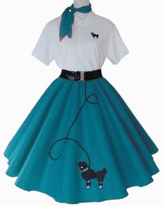 4 pc. Poodle Skirt Outfit includes: 1)   Poodle Skirt - Felt, 2.5" black elastic waistband, iron on poodle, sewn on rick rack leash       S (26"-32") L 25" ---  M (28"-34") L 25"  ---  L (32-36") L 25"      XL (34-40") L 25" ---  2X (36-46") L 27"  ---  3X (38"-50") L 27" 1)  Poodle Skirt - Felt, 2.5" elastic waist, iron on poodle, sewn on rick rack leash  2) White or Black Polo  - Available with an iron on poodle applique or initial ($2.50 extra)      **The black skirt with the pink poodle and leash will come with a white polo shirt and pink poodle/initial.  The pink polo is not available at this time** 3) Organza/Chiffon Scarf -  Available in black, black w/ white polka dots, candy pink, or red 4) Black Sequin Belt - 3" sequin elastic with silver buckle  Want to add a petticoat for a lit Sock Hop Outfits, 1950s Poodle Skirt, Poodle Skirt Costume, Poodle Skirt Outfit, 50s Birthday, 50s Sock Hop, 50's Costume, Sock Hop Party, 50s Theme