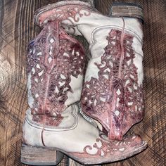 Women's Sand/Cognac Laser Overlay Square Toe Boot | Cowgirl Boots Square Toed, Womens Cowgirl Boots, Boots Put Your Best Foot Forward In Corral Boots!. Distressed Crackled Leather Boots. Laser Cut Floral Design On Brown Overlays. Scalloped Collar. Square Toe Boots Cowgirl, Cowgirl Boots Square Toed, Scalloped Collar, Womens Cowgirl Boots, Corral Boots, Square Toe Boots, Toe Boots, Cowgirl Boots, Shoes Heels Boots