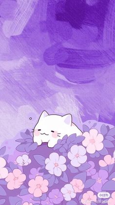 a white cat laying on top of a bed of purple flowers next to a blue sky