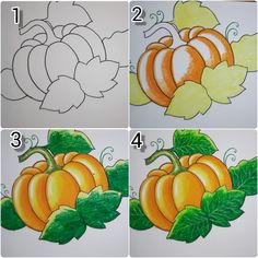 four pictures showing how to draw pumpkins with colored pencils and watercolor paper