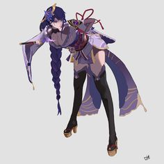 an anime character with long purple hair and braids, holding her arms out in the air