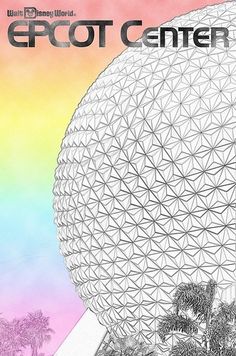 the epcot center at disney world is shown in black and white on a rainbow colored background