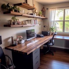 a desk with a computer on it in front of a window