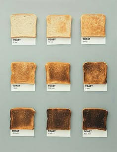 toasted bread with different types of peanut butter on them and labeled in small squares