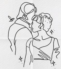 a black and white drawing of a man kissing a woman's forehead with stars on it