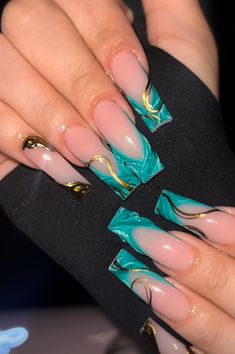 Nail Inspo Mid Length, Nail Designs Mid Length, Mid Length Nails Acrylic, Turquoise And Gold Nails, Dope Nail Designs Mid Length, Teal French Tip Nails, Hispanic Nails, Aqua Nails, Toenail Designs