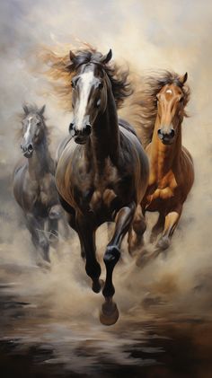 three horses are running in the air