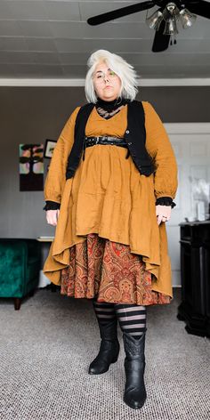 Follow for more outfit inspo! I wore this in the dead of winter but who says yellows and oranges can only be worn in fall? Save this pin for your next outfit inspo and follow to see more fits like this! I layered a patterned skirt under a solid dress 🫶 Soft Tummy Aesthetic, Plus Size Fantasy Outfits, Plus Size Fairycore Outfits, Plus Size Turtleneck Outfit, Fat Alternative Fashion, Plus Size Layered Outfits, Fat People Outfits, Size 18w Outfits Curvy Fashion, Plus Size Cottagecore Fashion