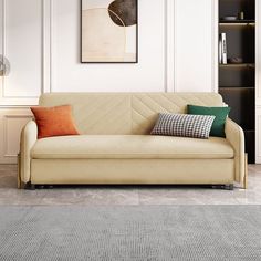 a living room with a couch, bookshelf and rug