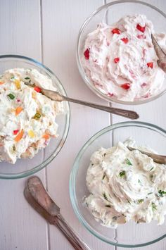 three bowls with different types of food in them and the words how to flavor soft cheese