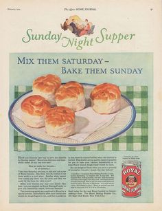 an old recipe ad for sunday night supper with breads on a plate and bottle of beer in the background