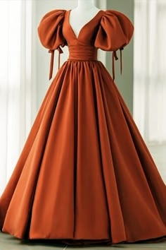 Burnt Orange Wedding Dress Satin Puffy Sleeves V Neck Ball Gown Floor Length Elegant Orange Dress With Fitted Bodice, Fitted Orange Floor-length Dress, Orange Fitted Floor-length Dress, Orange Maxi Length Wedding Dress, Orange Maxi Dress For Wedding, Orange Maxi Length Dress For Wedding, Elegant Orange Gown With Fitted Bodice, Elegant Fitted Orange Gown, Fitted Orange Dress For Banquet