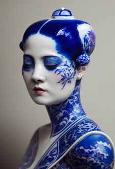 a woman with blue and white painted on her body