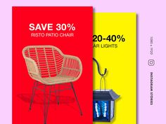 an advertisement for a patio chair with red and yellow colors on the back, in front of a pink background