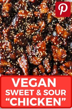 an image of chicken with sesame seeds on it and the words vegan sweet & sour chicken