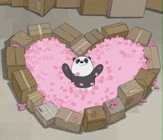 a panda bear in the shape of a heart surrounded by boxes