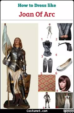 an advertisement for joan of arc with pictures of armor, shoes and accessories on it