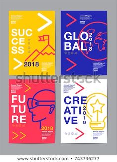 four posters with different shapes and colors