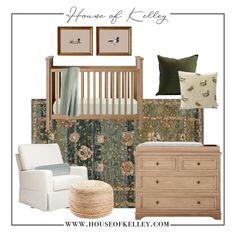 a baby's room with green and blue accents, including a crib, dresser,