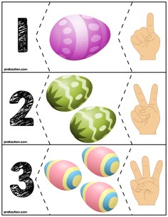 an easter themed counting game with eggs and fingers in the shape of numbers 1 - 3