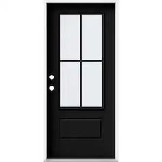 a black front door with three panes and two sidelights on the top half