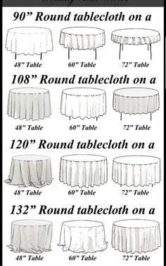 table cloth sizes for round tables and oval tables with measurements on each side, from the top to the bottom