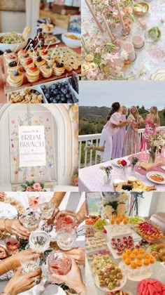 a collage of photos with people serving food and desserts to guests at a wedding