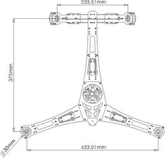 the drawing shows an overhead view of a large propeller plane with wheels and spokes