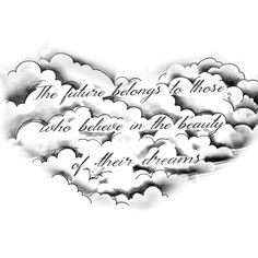 a drawing of clouds with some words on them in black and white, as if they were floating in the air