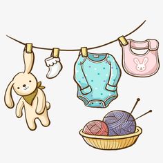 baby clothes hanging on a line with a teddy bear and ball of yarn next to it