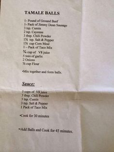 a menu for tamale balls with instructions on it