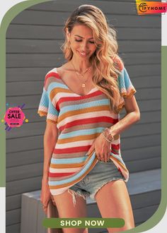 Multi-color Striped Ruffle Short Sleeve Knit Top Chic Multicolor Sweater, Multicolor Stretch Knit Top For Summer, Multicolor Ribbed Sweater For Spring, Chic Multicolor Summer Sweater, Casual Multicolor Textured Knit Top, Multicolor Knit V-neck Top, Casual Multicolor Stretch Knit Top, Beach Knit Color Block Tops, Striped Color Block V-neck Tops