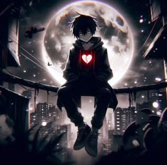 a man sitting on top of a roof with a heart in his pocket at night