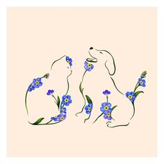 two dogs sitting next to each other with blue flowers in their paws on a beige background